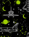 Black neon space shuttle and planet peel and stick wallpaper - Nebula Echoes
