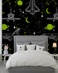Vibrant neon space shuttle and celestial planet on a deep black peel and stick wall mural - Nebula Echoes
