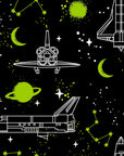 Black neon space shuttle and planet peel and stick wallpaper - Nebula Echoes