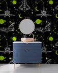 Luminous neon-style rocket ship and planetary graphics against a midnight black background - Nebula Echoes