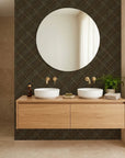 Noir Facets bold black and gold chevron geometric wallpaper as a feature wall in a bright home office