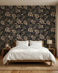 Noir Leaves dramatic black botanical adding character to a cozy bedroom