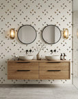 Nomad Scatter boho geometric triangle wallpaper creating ambiance in a serene bathroom