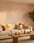 Nomad Stripe artistic wave wallpaper in a warm and inviting living room