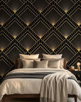 Obsidian Radiance black and gold geometric fan wallpaper in a warm and inviting living room