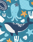 Teal blue whale and octopus ocean peel and stick wallpaper - Ocean Dreams