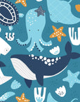 Ocean Dreams teal blue whale and octopus wallpaper
