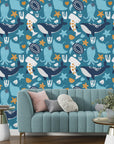 Oceanic self-adhesive wallpaper with artistic teal blue sea creatures like whales and octopuses. - Ocean Dreams