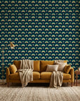 Ocean Fortress teal and navy geometric scale wallpaper creating ambiance in a serene bathroom