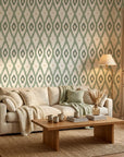 Ogee Loom blue ikat wallpaper in a warm and inviting living room