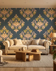 Old World Flora teal and gold damask wallpaper in a warm and inviting living room