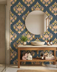 Old World Flora teal and gold damask wallpaper creating ambiance in a serene bathroom