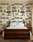 Old World Grace elegant black toile scenic wallpaper adding character to a cozy bedroom