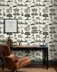 Old World Grace elegant black toile scenic wallpaper as a feature wall in a bright home office