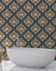 Old World Flora removable wallpaper behind modern bathtub in elegant bathroom setting