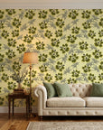 Olive Bloom earthy green floral in a warm and inviting living room