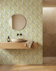 Olive Fret earthy geometric peel and stick wallpaper creating ambiance in a serene bathroom