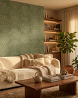 Olive Stipple textured stripe wallpaper in a warm and inviting living room