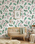 Olive & Berry festive botanical wallpaper as a feature wall in a bright home office