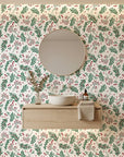 Olive & Berry festive botanical wallpaper creating ambiance in a serene bathroom