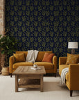 Olive & Gilt elegant navy botanical wallpaper in a warm and inviting living room