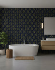 Olive & Gilt elegant navy botanical wallpaper creating ambiance in a serene bathroom