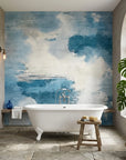 Open Blue serene blue cloudscape abstract wallpaper as a feature wall in a bright home office