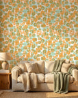 Orchard Zest retro floral peel and stick wallpaper in a warm and inviting living room