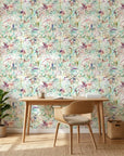Painted Current colorful abstract wallpaper as a feature wall in a bright home office