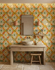 Painted Earth warm terracotta and green tribal wallpaper as a feature wall in a bright home office