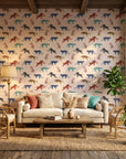 Painted Wild bold colorful leopard wallpaper in a warm and inviting living room
