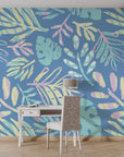 Soft pastel blue matte-finish peel and stick wallpaper with tropical foliage impressions - Painted Breeze