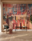 Painted Column bold blue and coral abstract in a warm and inviting living room