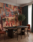 Painted Column bold blue and coral abstract adding character to a cozy bedroom