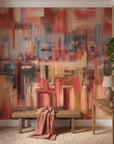 Painted Column bold blue and coral abstract as a feature wall in a bright home office