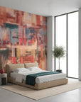 Painted Column bold blue and coral abstract creating ambiance in a serene bathroom