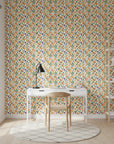 Painted Tulip Field vibrant watercolor tulip wallpaper as a feature wall in a bright home office