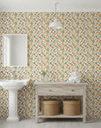 Painted Tulip Field vibrant watercolor tulip wallpaper creating ambiance in a serene bathroom