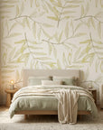 Pale Foliage neutral botanical peel and stick wallpaper in a warm and inviting living room