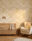 Pale Foliage neutral botanical peel and stick wallpaper as a feature wall in a bright home office