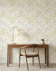 Pale Foliage neutral botanical peel and stick wallpaper creating ambiance in a serene bathroom