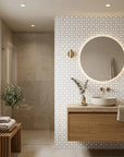 Pale Geo quiet geometric balance wallpaper creating ambiance in a serene bathroom