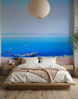Smooth serene blue coastal landscape boat peel and stick wallpaper - Pale Horizon