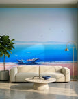 Pale Horizon serene blue coastal landscape wallpaper in a warm and inviting living room