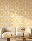 Pale Kilim neutral geometric peel and stick wallpaper in a warm and inviting living room