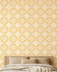 Pale Kilim neutral geometric peel and stick wallpaper adding character to a cozy bedroom