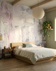 Pale Reverie soft lavender abstract brushstroke wallpaper in a warm and inviting living room