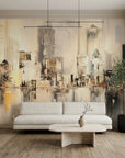 Canvas-like warm neutral painted cityscape skyline peel and stick wallpaper - Pale Steel