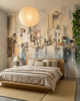 Pale Steel warm neutral painted cityscape wallpaper in a warm and inviting living room