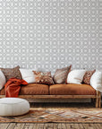 Geometric wallpaper in a muted, light color palette, captured in a detailed, close-up image
